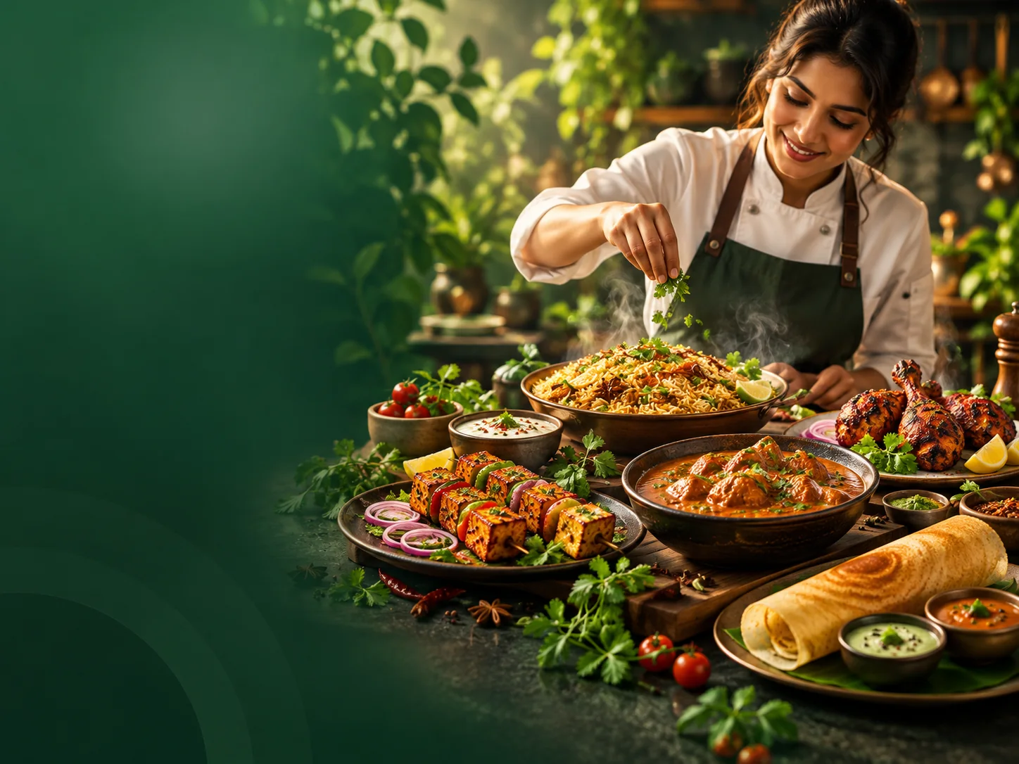 A cook with vegetarian and non-vegetarian food dishes